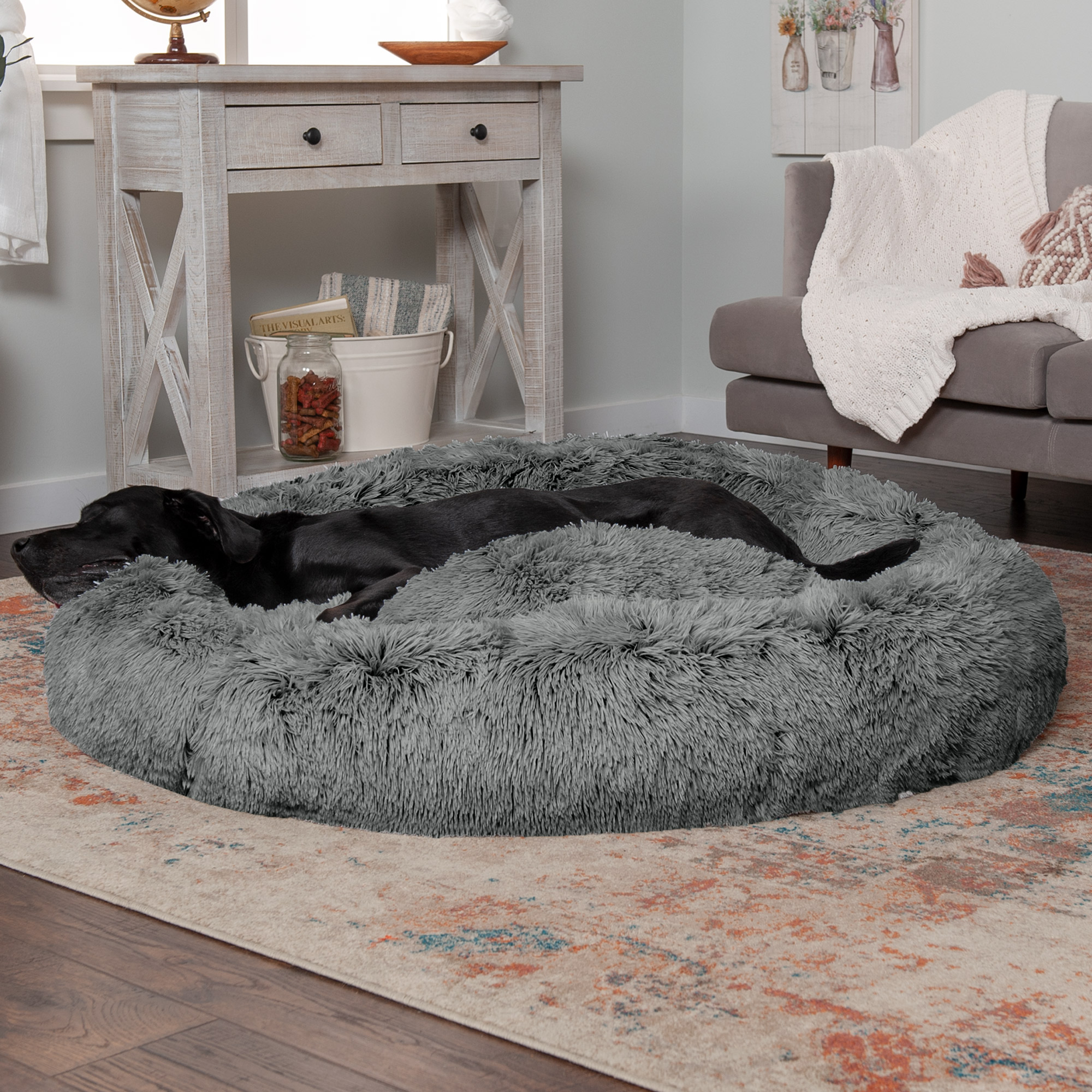 FurHaven Calming Cuddler Long Fur Donut Pet Bed For Dogs Cats Gray Small 23 Small 23 QFC