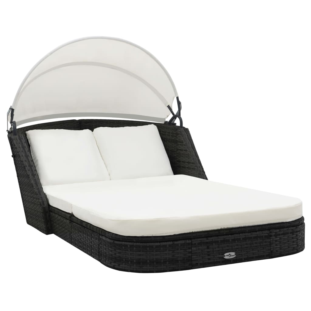 vidaXL Sun Lounger with Canopy Poly Rattan Black N A Foods Co