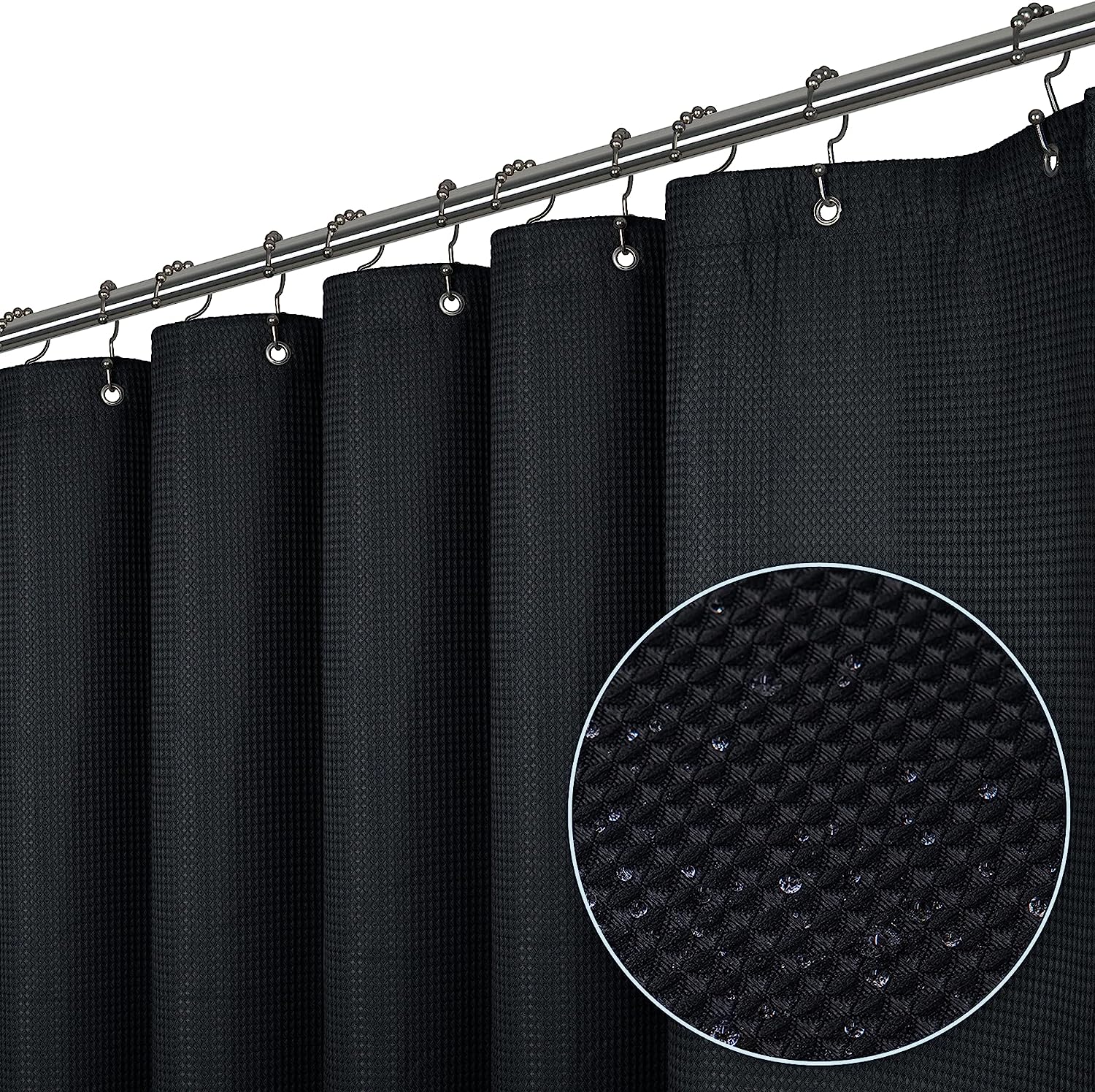 Waffle Weave Fabric Shower Curtain 72" W x 96" H Black, 72" W x 96
