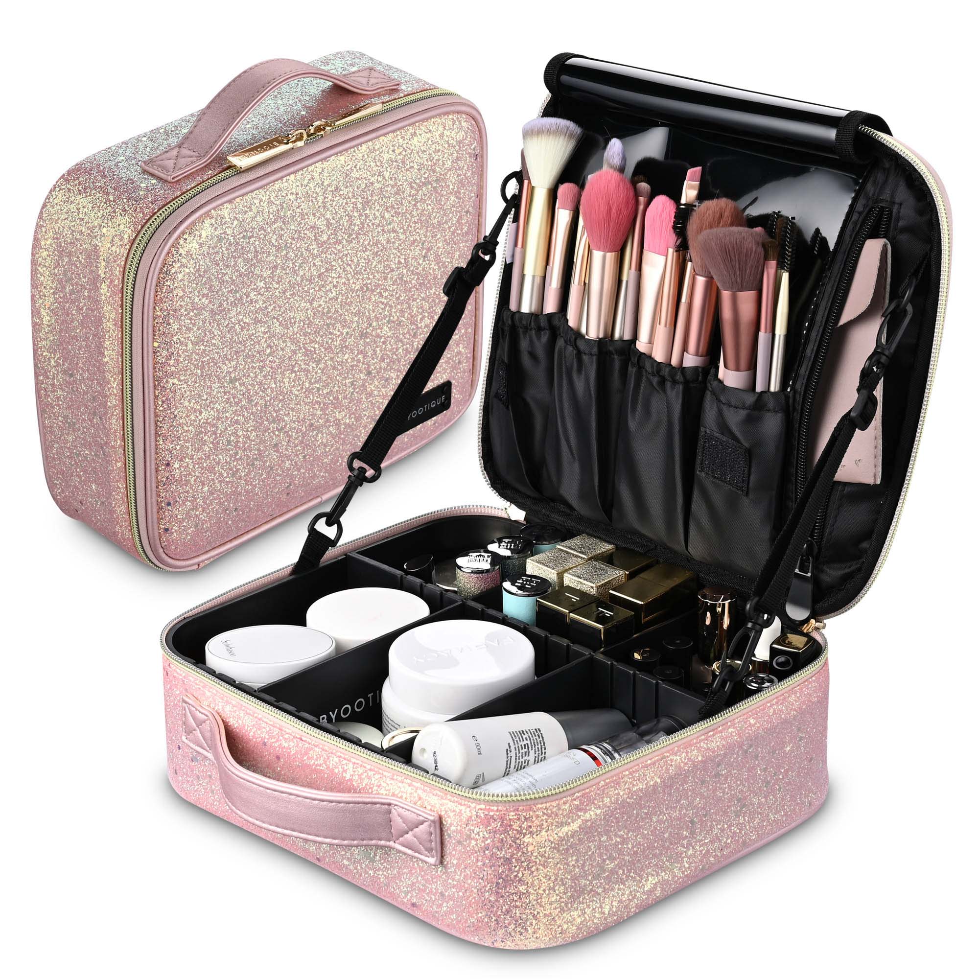 Byootique Portable Glitter Makeup Train Case Brush Holder Cosmetic