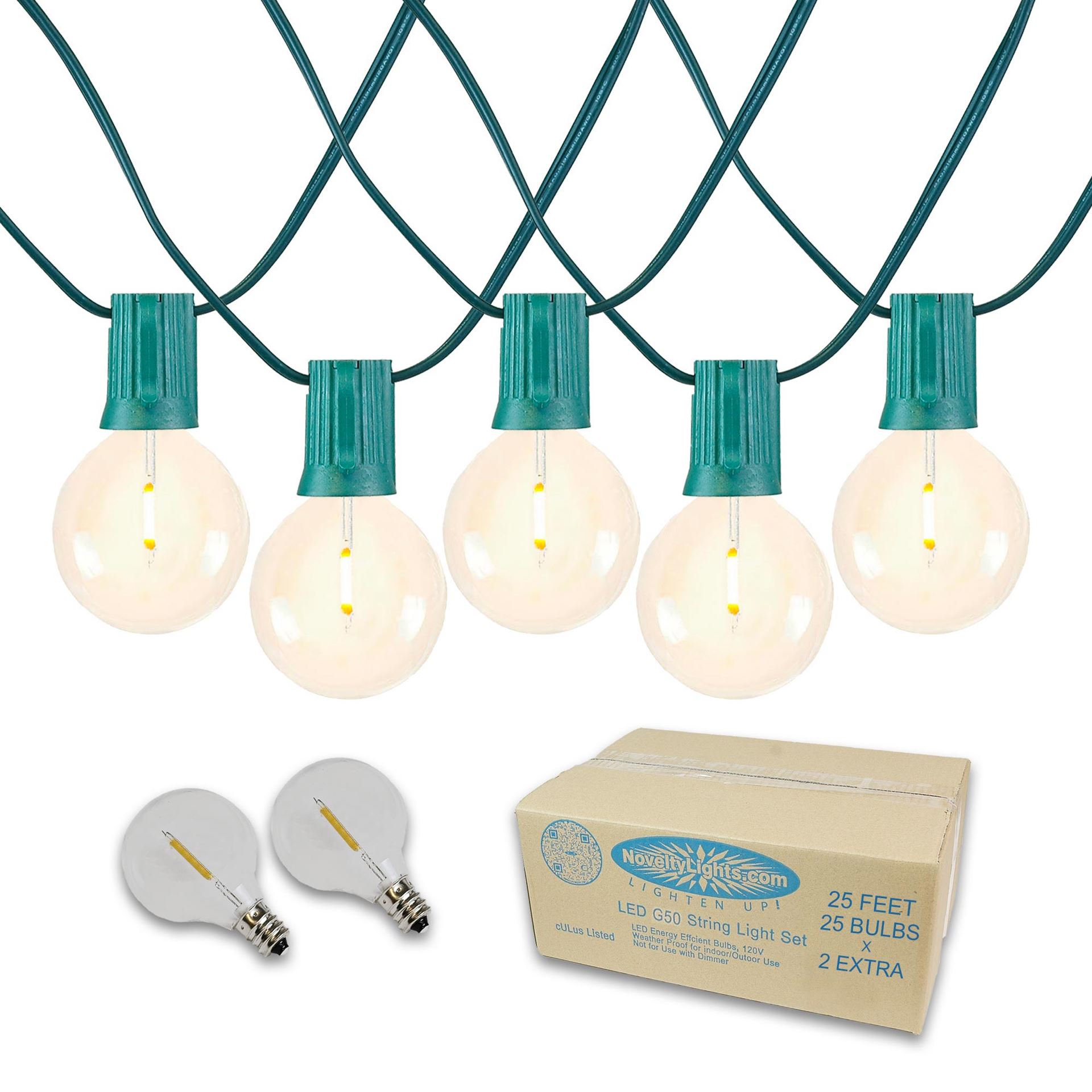 G50 Outdoor String Lights with Clear Bulbs and Green Wire