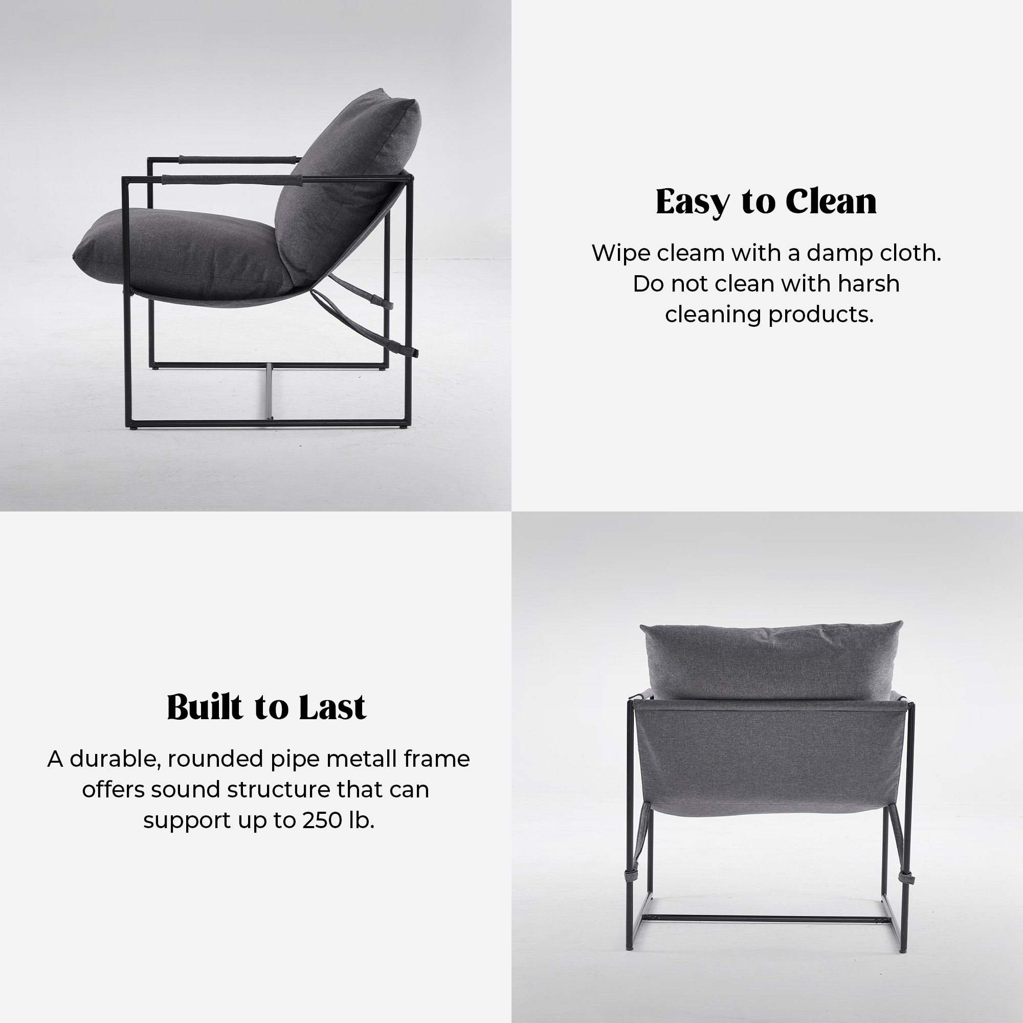 Modern Metal Frame Sling Back Accent Chair with Loose Cushions